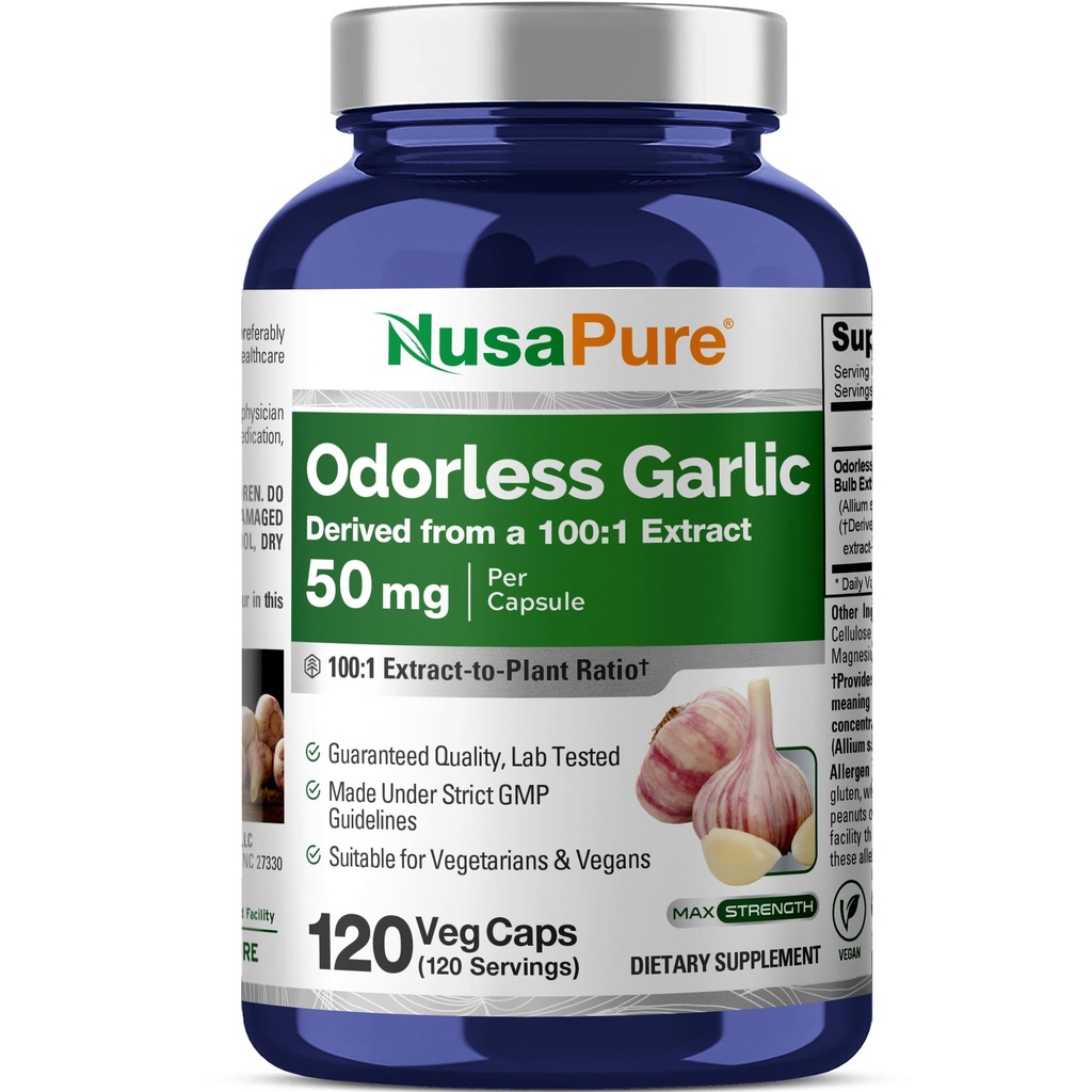NusaPure Odorless Garlic 100:1 Ekstraksiyon, 50 mg 5000 mg Capsule | 120 Veggie Caps | Yüksek Potency | Herbal Supplement | Non-GMOMO