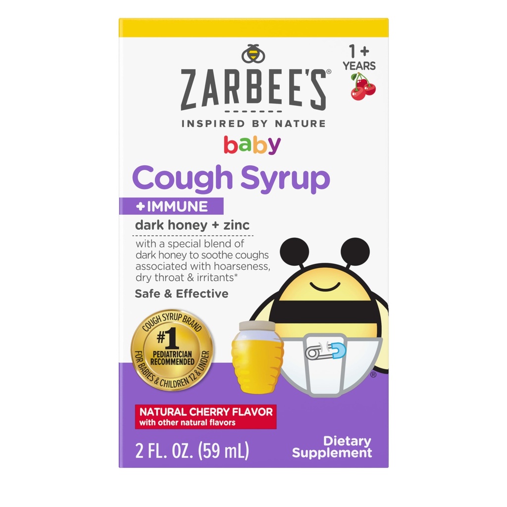 Zarbee's Baby Cough Syrup + Immune, Drug & Alcohol-Free Toddler Cough Relief with Dark Honey & Zinc, Natural Cherry Flavor, 2Fl Oz