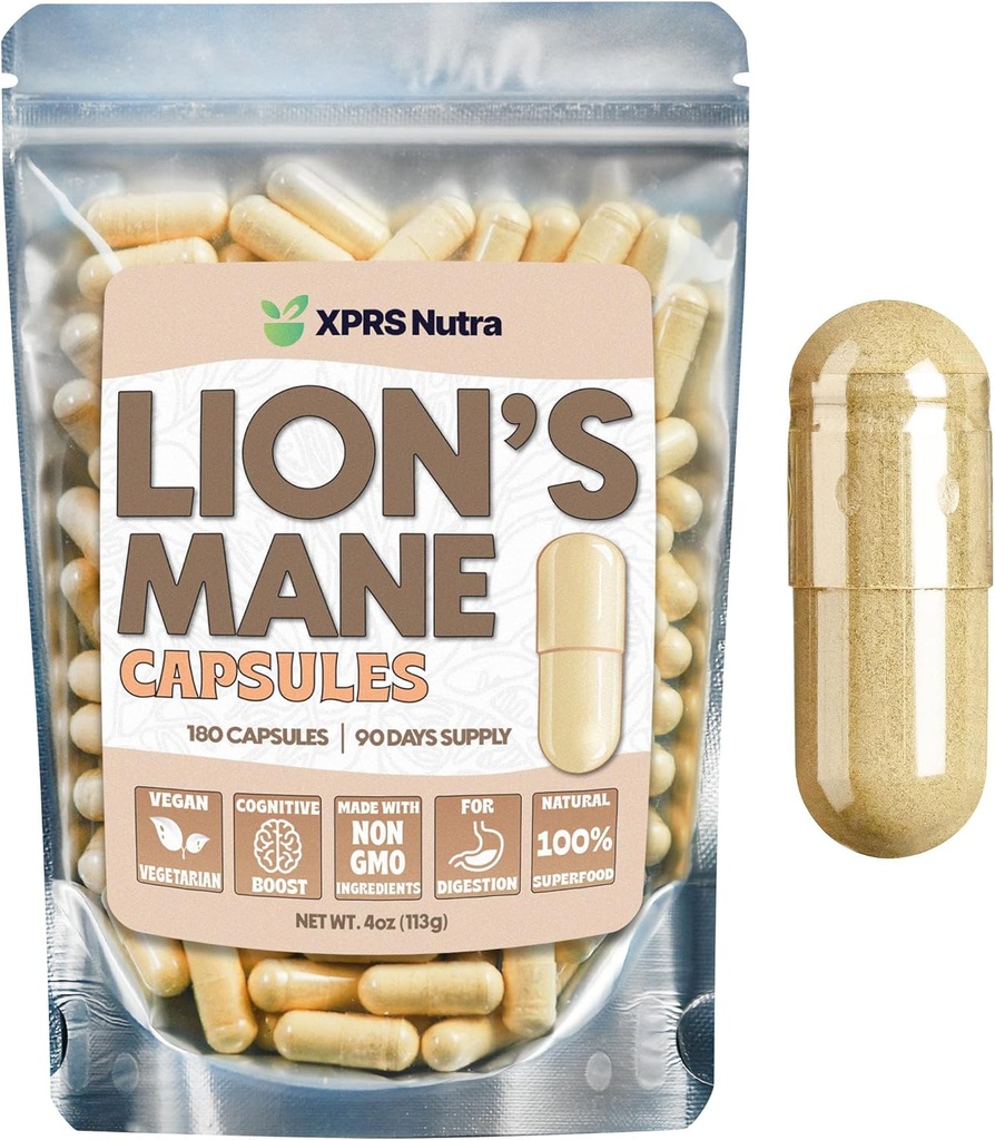 XPRS Nutra Organic Lions Mane Supplement Capsules - 180 Count (90 Day Supply) of Premium Lion's Mane Mushroom Capsules for Mental Clarity, Cognition and Immunity Lions Mane Powder Capsules