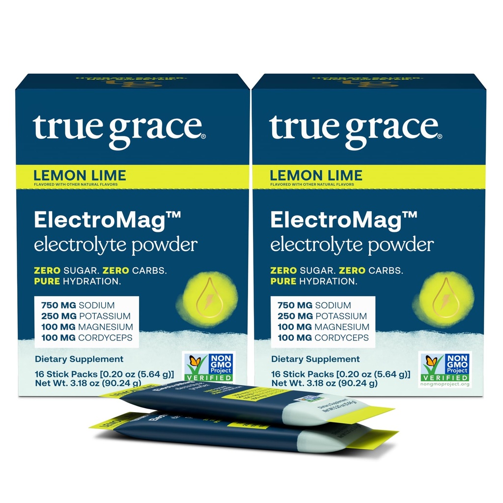 True Grace ElectroMag - 16 Stick Packs (Pack of 2) - Lemon Lime - Electrolyte Toz Hızlı Hydration - sodyum, Pyum, Magnezyum & Cordyceps - Zero Sugar & Carbs - Non-GMO - 32 Toplam Hizmetler
