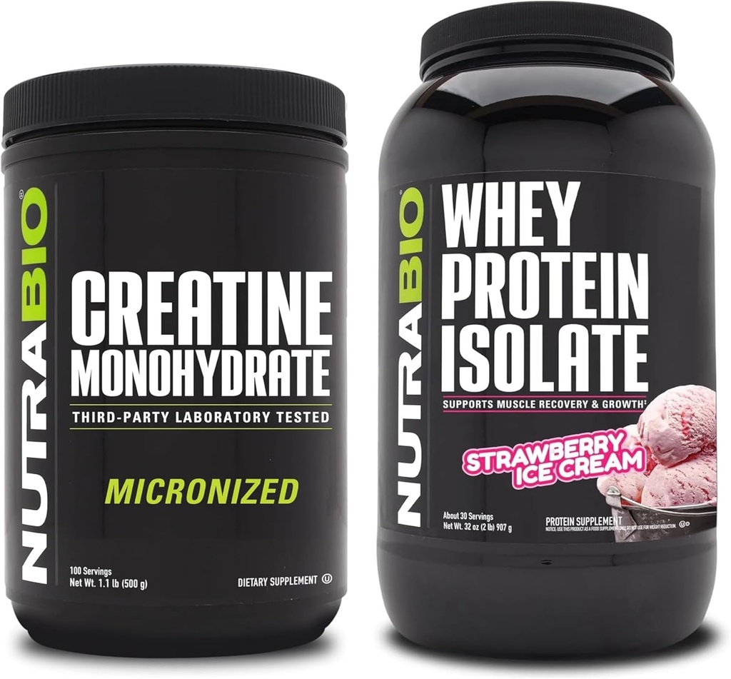 NutraBio Kretine Monohidrat, Unflavored, 500g ve Whey proteini, Strawberry Ice Cream, Supplement Sche - Muscle Energy, Lean Muscle growth, Recovery, and Strength