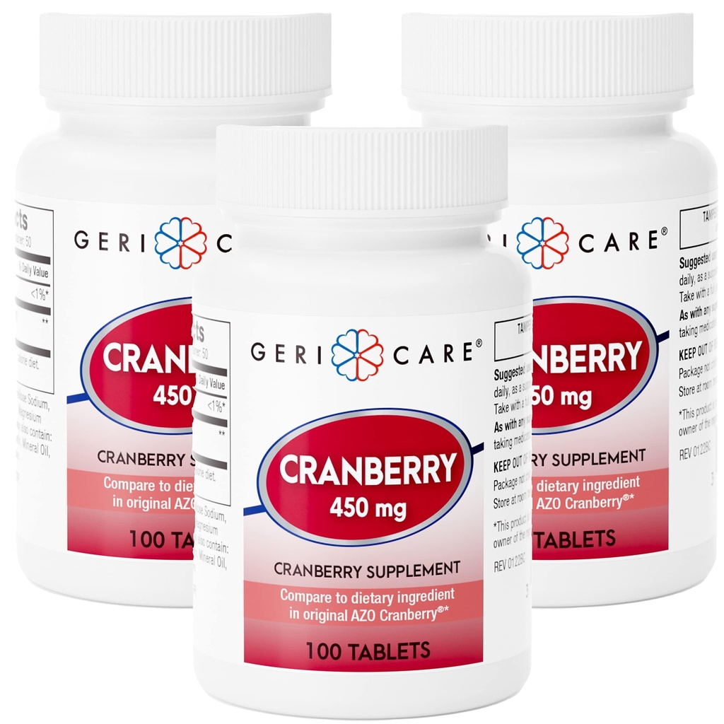 GeriCare High-Potency Cranberry 450mg Supplement, Pure Cranberry Tablets for Urinary Tract Health, Natural UTI Prevention, GMO, Gluten & Dairy Free Cranberry Concentrate, 100 Count (3 Pack)