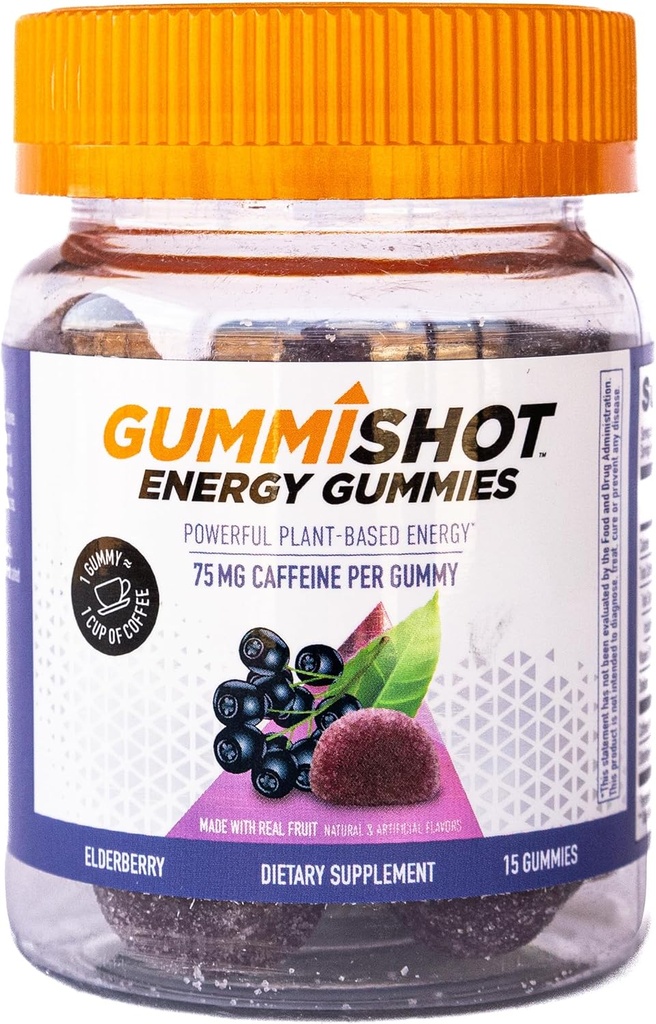 GummiShot Energy Gummies, 1125 mg of Plant-Based Caffeine Chews per Şişe, Long Lasting Energy Alerts, Elderberry (15ct)