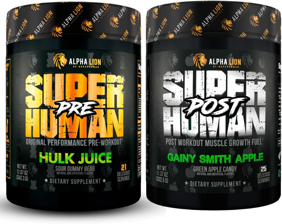 ALPHA LION Superhuman Pre Workout Toz & Post Workout Recovery Sche, Sustained Energy & Focus + Lean Muscle Growth, Strength & Volume (Hulk Juice & Winy Smith Apple)