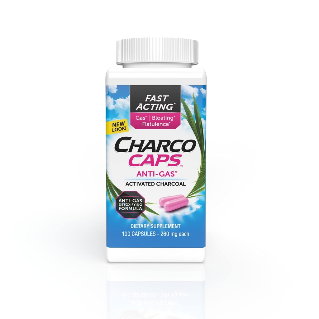 Charcocaps Fast Acting Gas Relief for Bloating & Flatulence, Drug Free Detoxating Aktif Charcoal Formula, 100 Capsules, 30 Day Supply, Pink