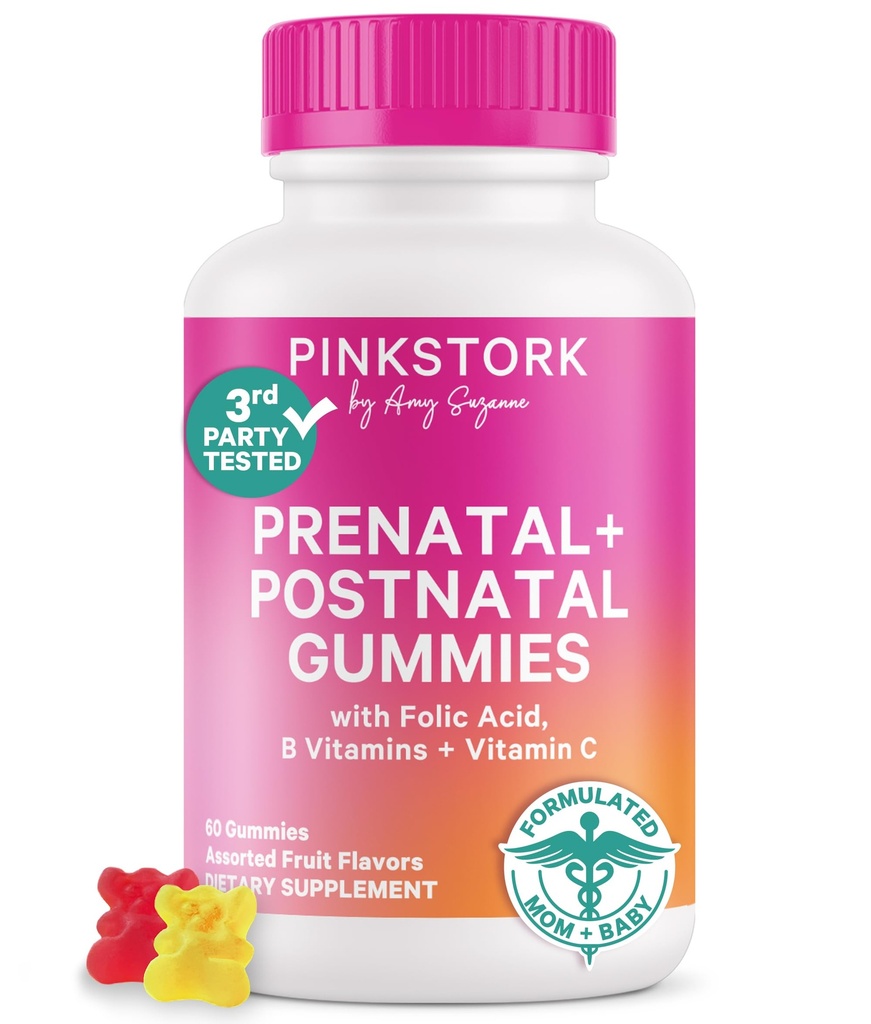 Pink Stork Fertility + Prenatal + Postnatal Gummy Vitamins – Full Motherhood Journey Support – Multivitamin with Folate, B Vitamins, Zinc & Biotin – Postpartum Essentials - 60 Assorted Fruit Gummies