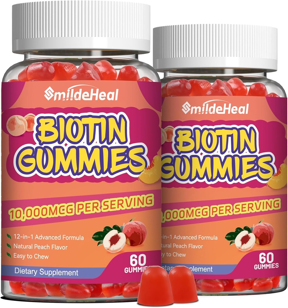 2 Pack Biotin Gummies for Hair Growth 10000 mcg, Hair Skin and Nails Gummy with Folic Acid, Vitamins A, B, C, E & D, Vegan biotin Vitamins for Women & Men, 120 Gummies