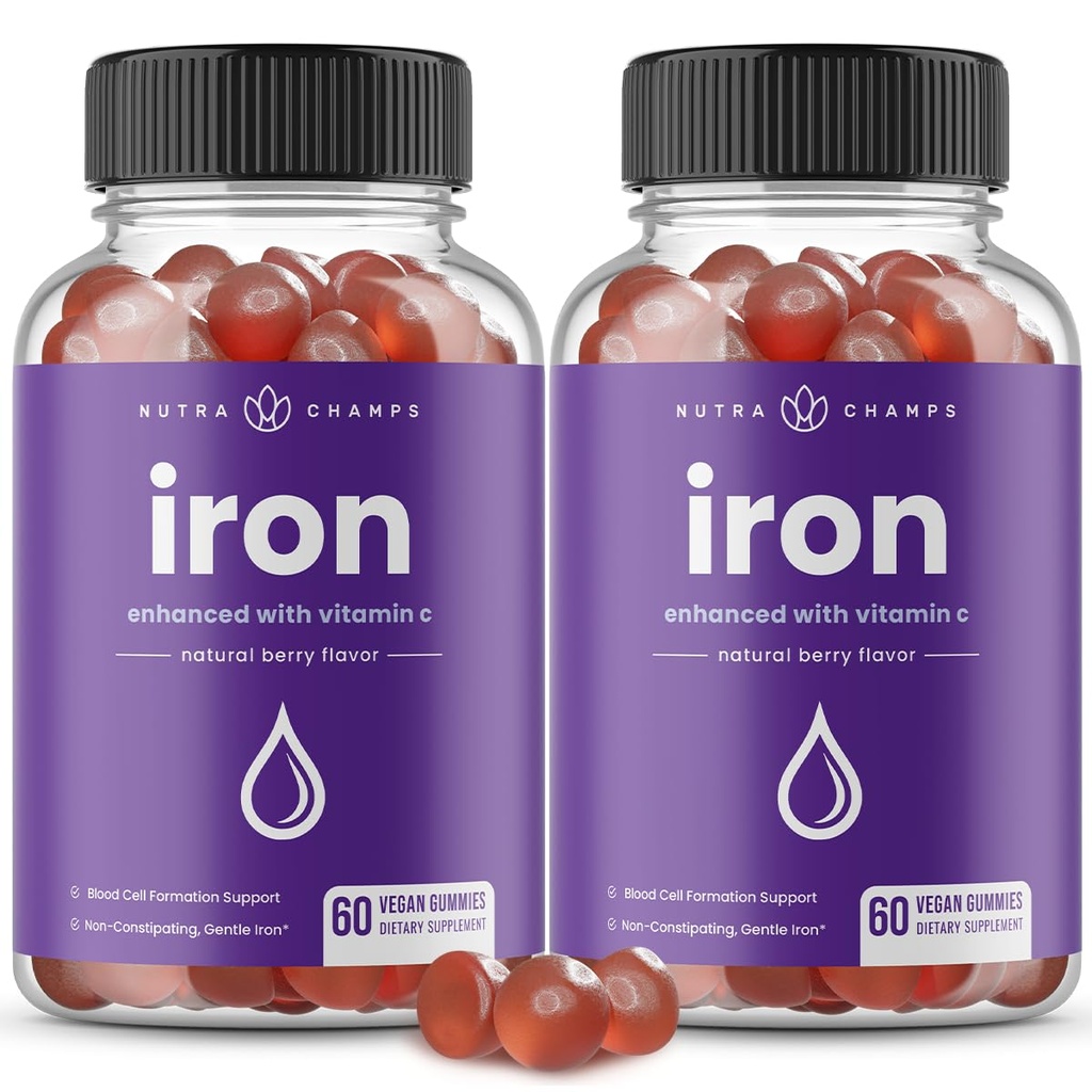 NutraChamps Iron Gummies with Vitamin C, 20 mg Iron Blood Hücre Formasyon Desteği, Demir Eksikliği ve Anemi, Enerji, Focus, Immune Boost Pack of 2