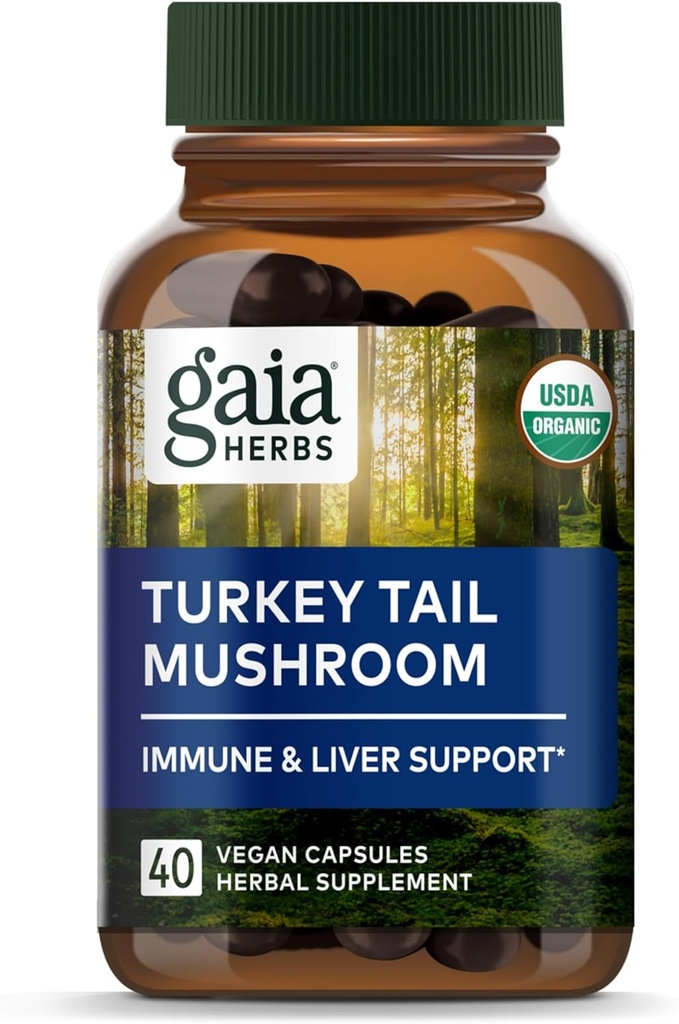 Gaia Herbs Türkiye Tail Mushroom - Immune Support Supplement to Help Liver Health - Organik Türkiye Tail Mushroom Meyvesi - 40 Vegan Capsules