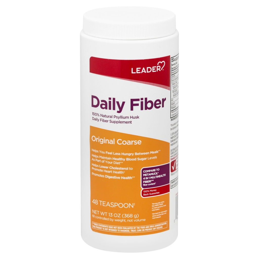 Leader Psyllium Husk Powder Supplement 4-in-1 Fiber for Digestive Health, Plant Based 100% Natural Psyllium Husk Daily Fiber, Gluten Free, Non-GMO, Compare to Meta-mucil Multihealth (13 OZ)