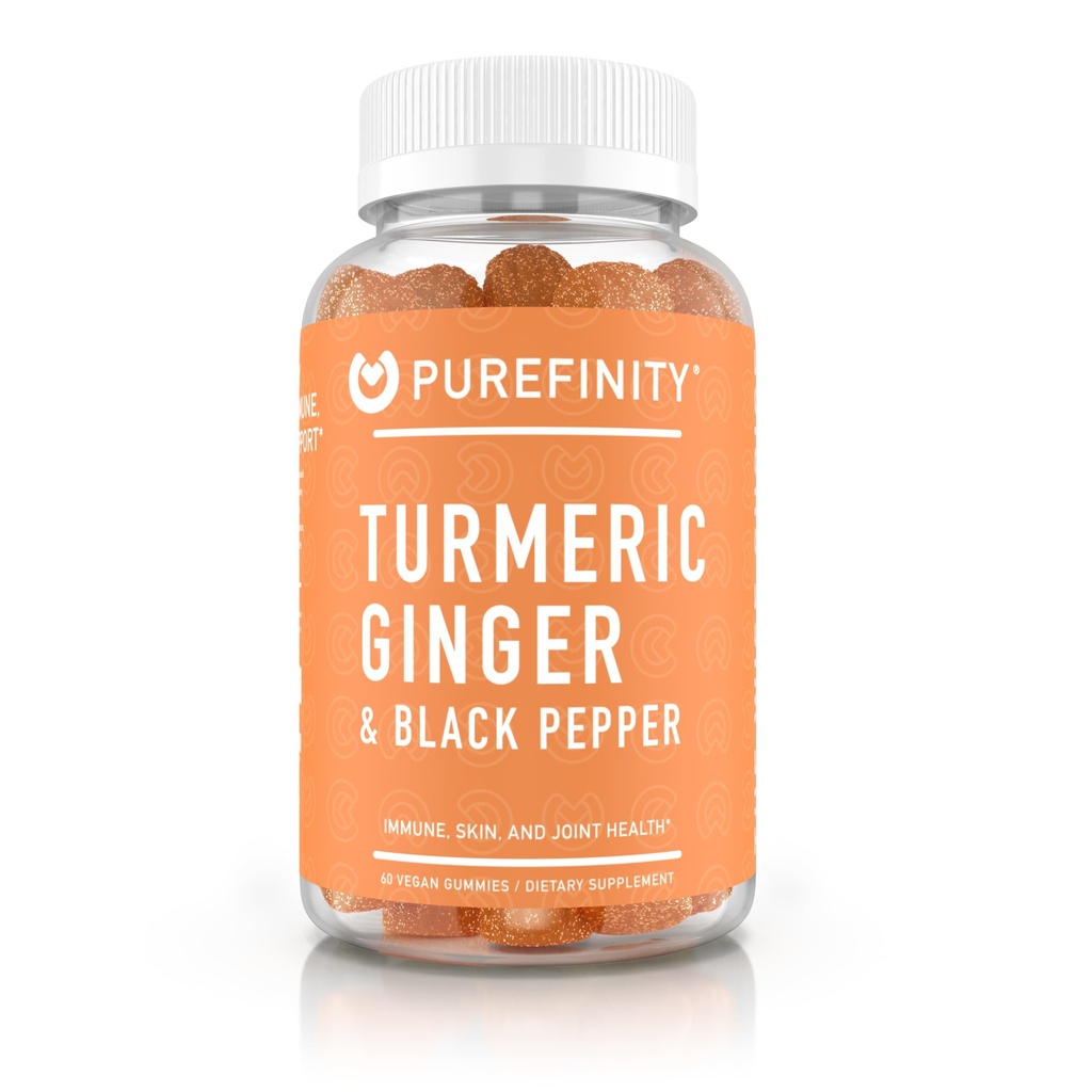 PUREFINITY Turmeric ve Ginger Supplement Gummies with Black Pepper, Ortak Destek Curcumin Chewables with Delicious Flavor – Gluten Free, Non-GMO, Vegan, 60 Count