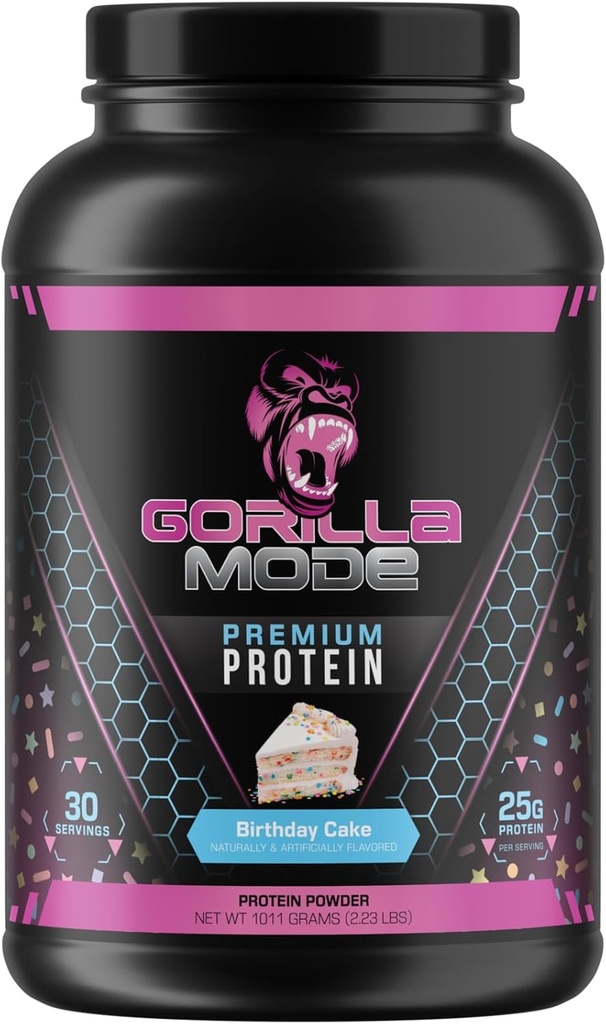 Gorilla Mind Premium Whey proteini - Doğum günü Kek, Whey proteini ve Yoğunluğu 25 Grams,Recover and Build Muscle (30 Servisler)