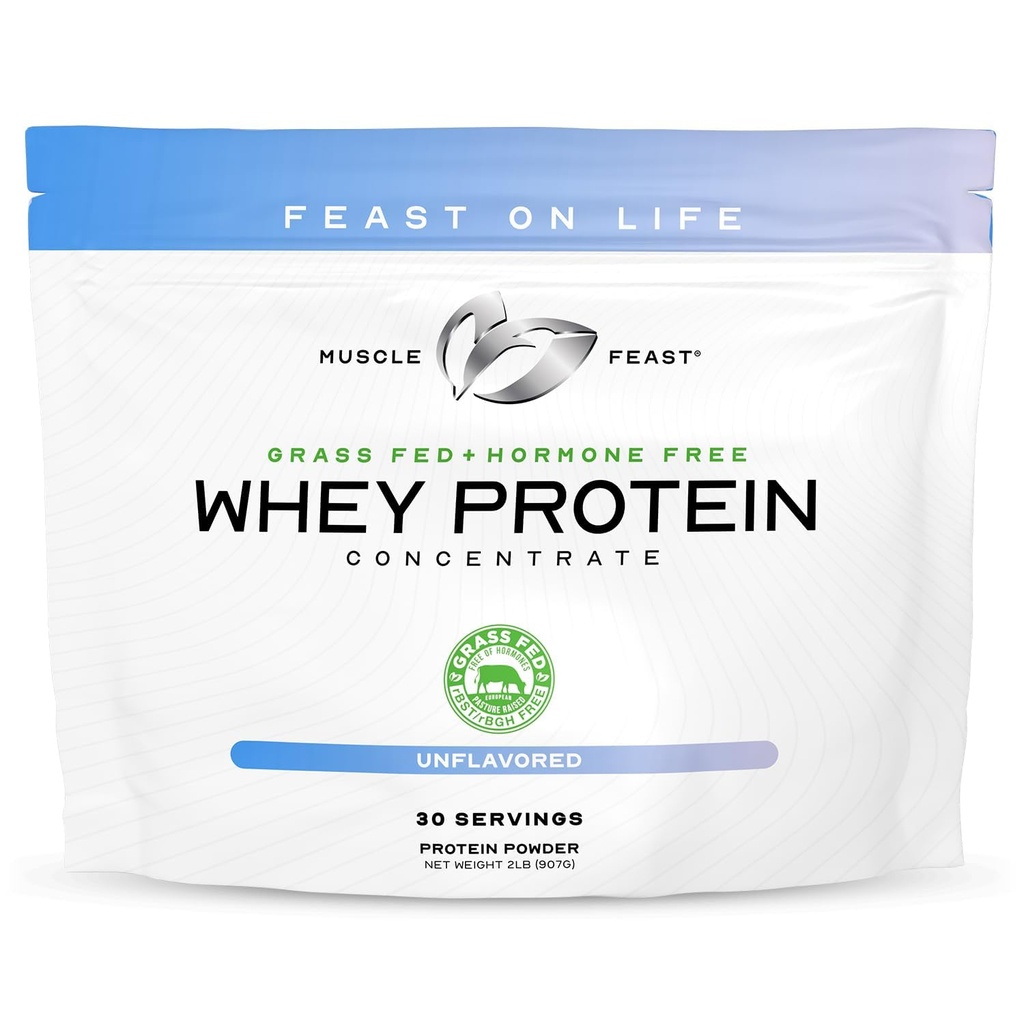 Muscle Feast Grass-Fed Whey Protein Concentrate Powder, All Natural, Hormone Free Pasture Raised Whey Protein Powder for Women & Men, Clean, Non-GMO & Gluten Free Whey Concentrate - Unflavored, 2lb