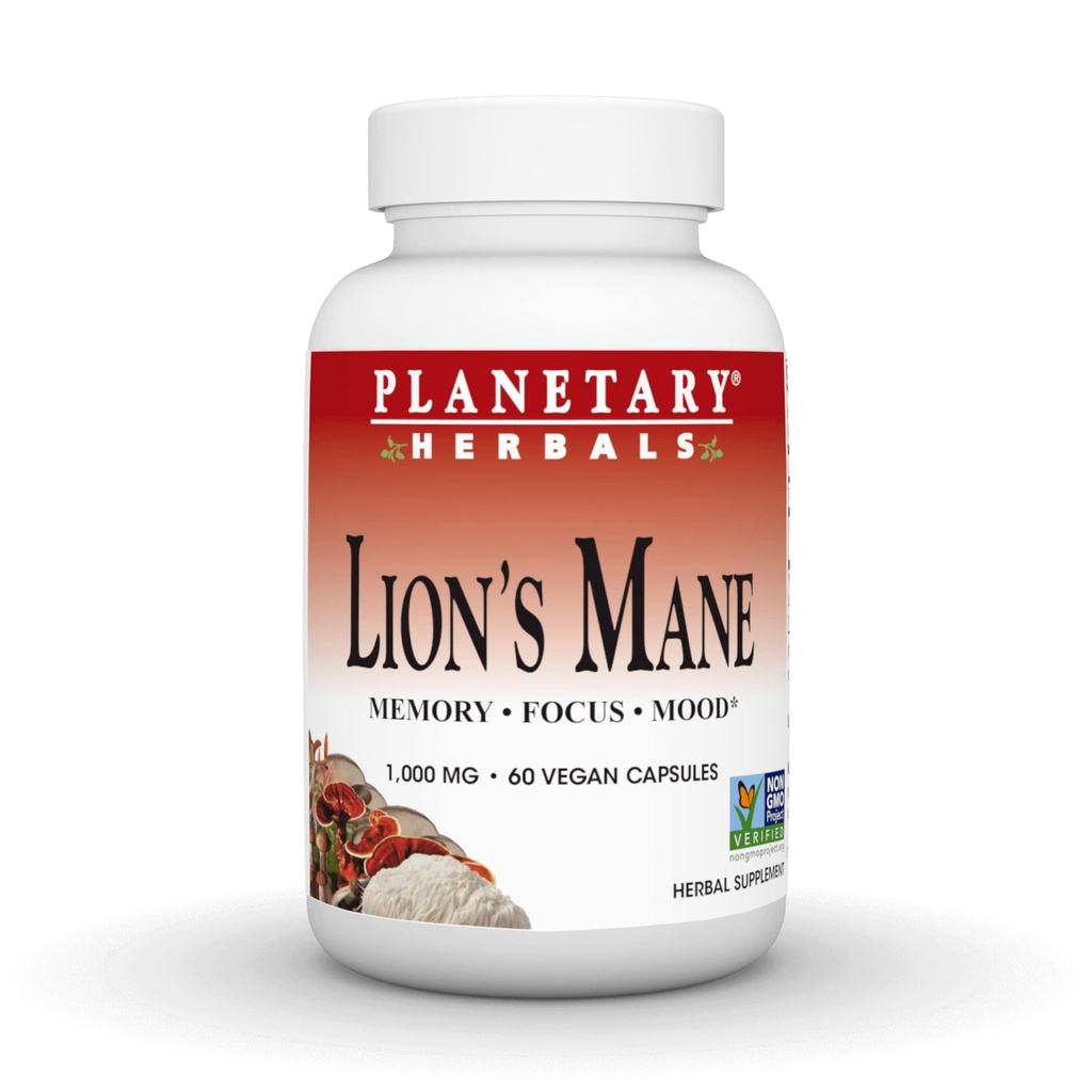 Planetary Herbals Lion's Mane, 1,000 mg - 60 Vegan Capsules | Non-GMO Project Verificed Vegan Herbal Supplement for Memory, Focus, and Mood Support