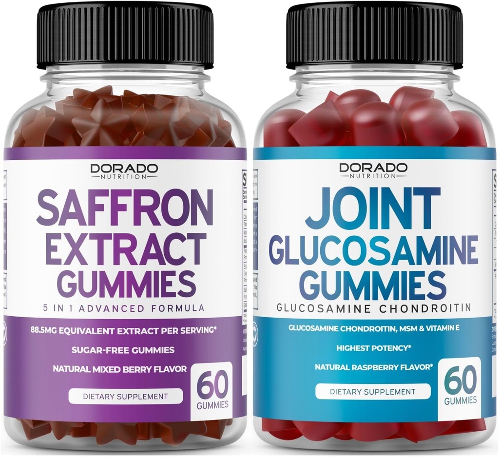 Saffron (60 Gummies) Premium 5 1 Gelişmiş Formula - Lezzetli Raspberry Flavor ve Glucosamine Chondroitin Ortak Supplement (60 Kont) Erkekler ve Kadınlar için Ortak Supplementler - Güvenli Vegan & Amerika'da Made