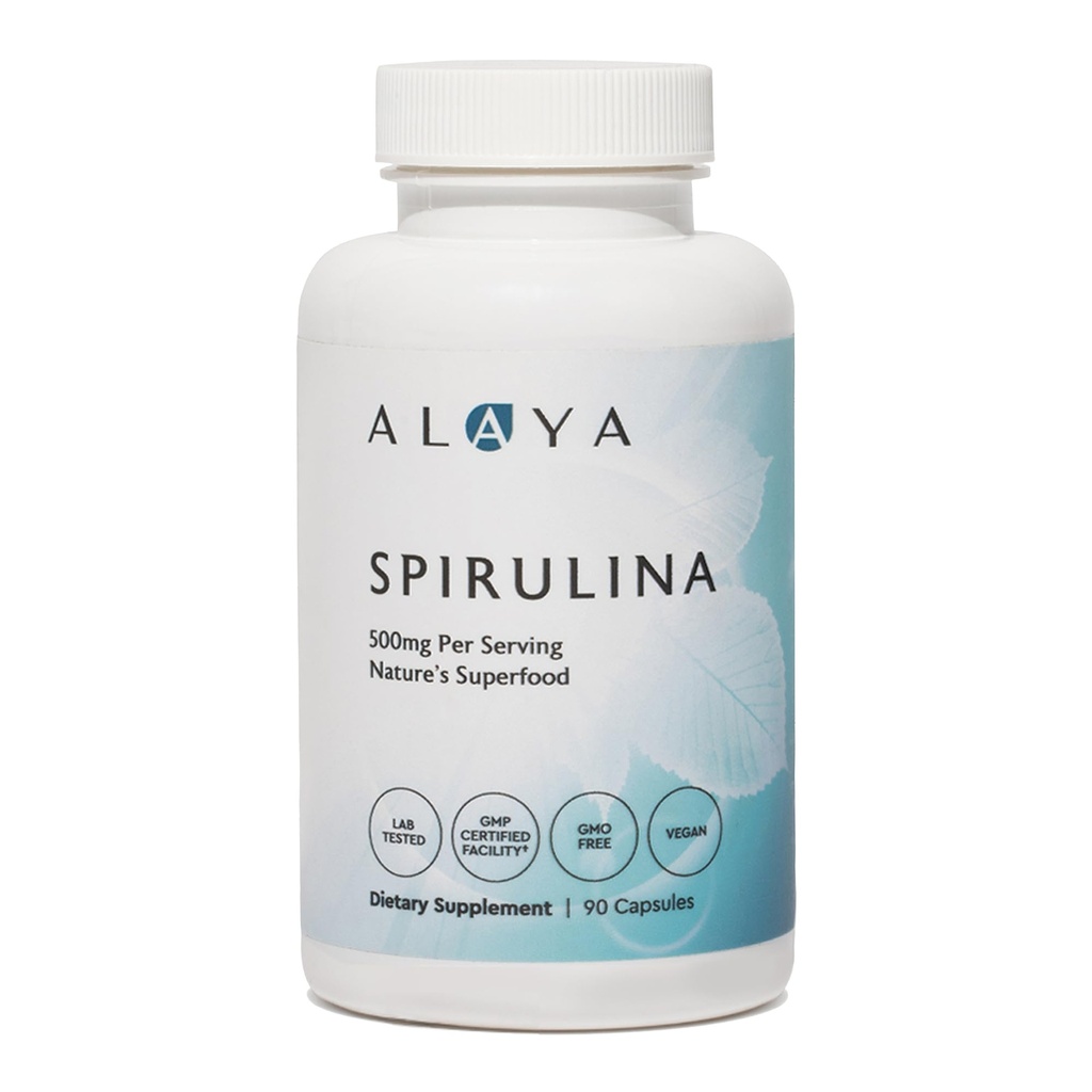 Alaya Naturals Pure Spirulina Capsules – Hawaii-Grown Blue Green Algae Superfood, Non-GMO, Vegan – 500 mg, 90 Capsules