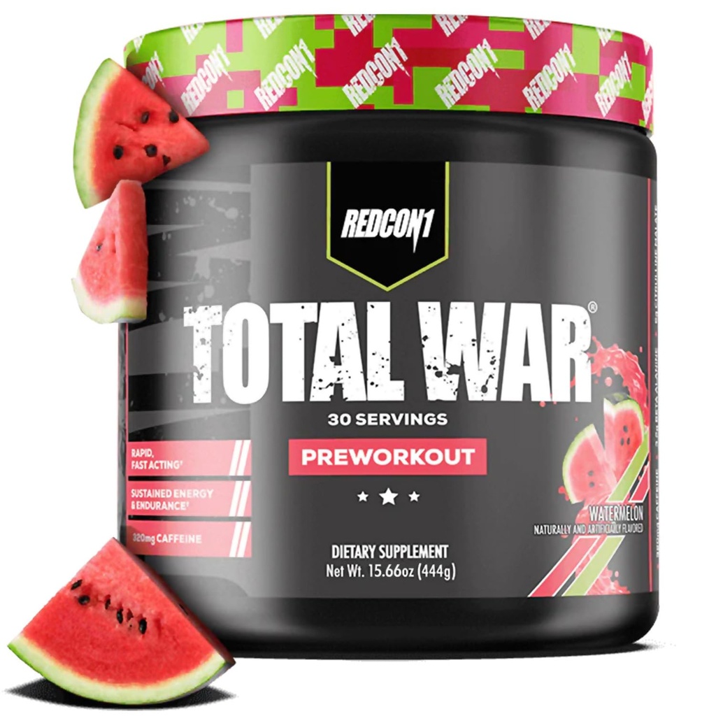 REDCON1 Total War Pre Workout, Watermelon - L Citrulline, Malic Acid, Green Tea Leaf Extract for Pump Boosting Pre Workout for Women & Men - 3.2g Beta Alanine to Reduce E Ginion (30 Servisler)