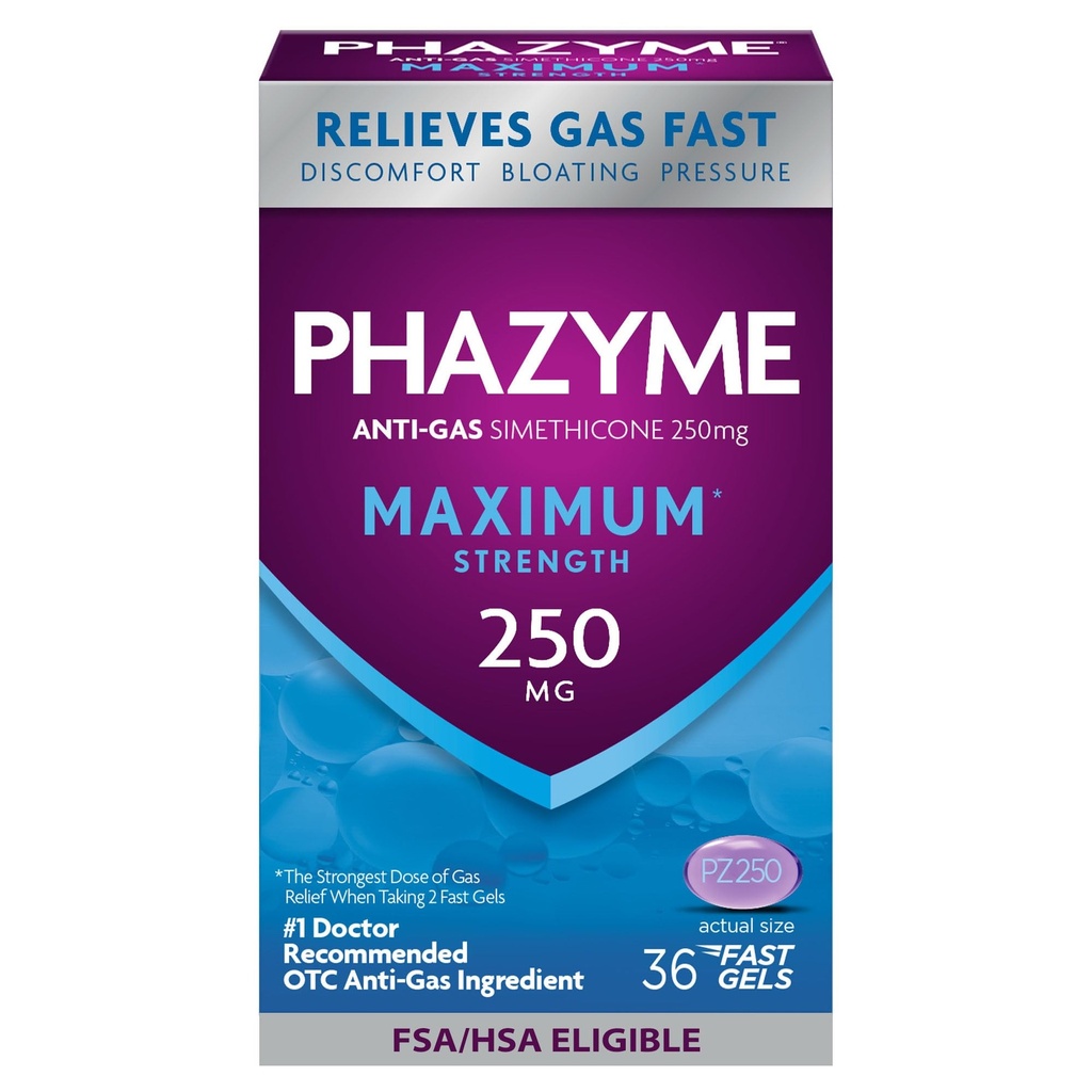 Phazyme maksimum * Güçlü Anti-Gas 250 mg Simethicone Gas Relief for Yetişkinler, Hızlı Gels Hızlı Ease Bloating, Basınç & Discomfort, 36 Count