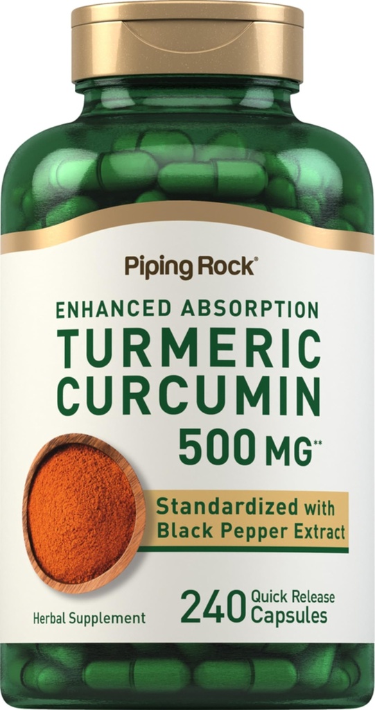 Piping Rock Turmeric Curcumin Supplement 500 mg | 240 Capsules | Black Pepper | Standardized Kompleksi | Non-GMO, Gluten Free Free
