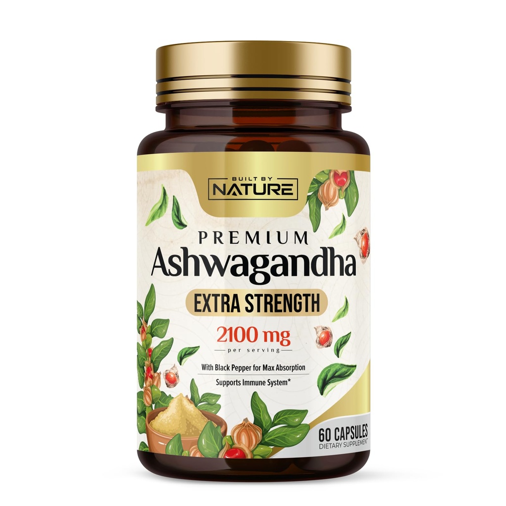 Nature Ashwagandha 2100 mg Ekstra Güçlü Stres Yardımı ve Max Aborpsiyon için Siyah Pepper Türlü Destek - Non-GMO, Vegan, Gluten-Free - 60 Capsules