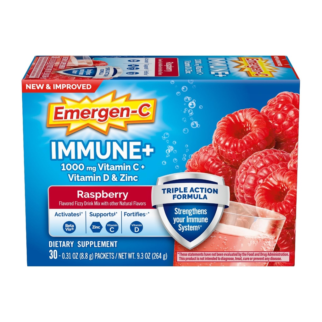 Emergen-C Immune+ Triple Action Immune Support Toz, BetaVia (R), 1000 mg C, B Vitaminleri, Vitamin D ve Antioksis, Raspberry, Back to School Essentials - 30 Count