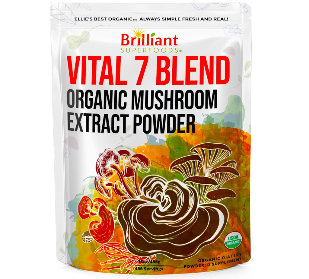 Ellie'nin En İyi 7 Mushroom Toz Ekstraksiyonu - Organik Reishi, Lion's Mane, Chaga, Türkiye Tail, Cordyceps, Maitake & Shiitake - Double Extracted - 16oz / 456 Hizmetler...