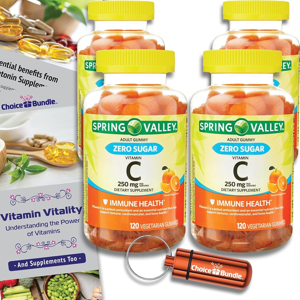 Choice Sche Spring Valley Zero Sugar C Gummies Diyetary Supplement 250 mg 120 Ct 4 pk (480 Total) + Vitamin Rehber & Pill Konteyner (6 Madde)!
