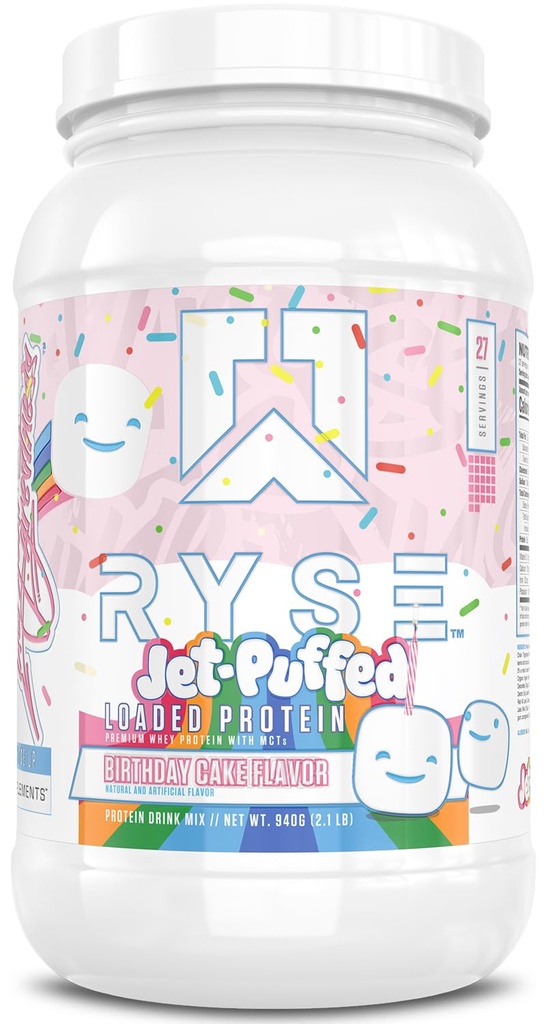 RYSE, Protein Tozunu Yükledi - Jet-Puffed Doğum Günü Kek - 25g Whey Protein Isolate & Yoğun Fiber & MCTs - Low Carb, Low Sugar, Digestive-Friendly - 27 Hizmet / 2 lb Tuba