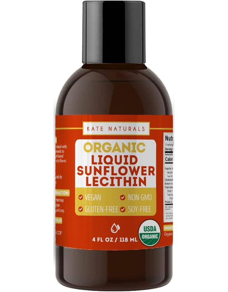 Kate Naturals Sunflower Lecithin Liquid for Cooking and Baking. Lacithin for Gummies, Smoothies & Lactation Supplement (4oz, Organik, Vegan, Gluten-Free)