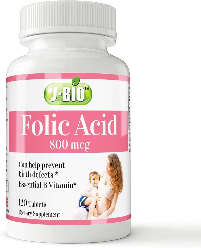 J-Bio Folic Acid 800mcg (120 Tablets) Daily Health Regimen & Prenatal Care for Women