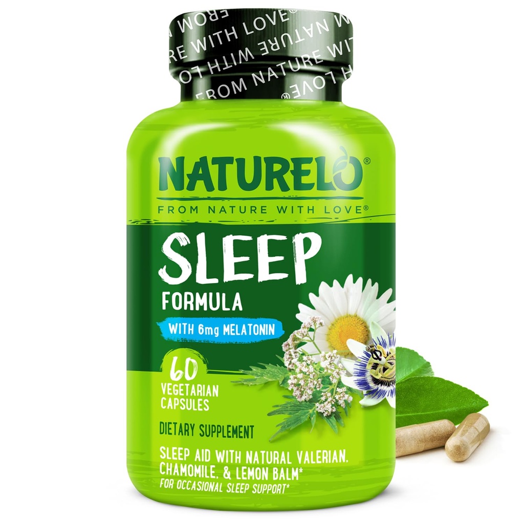 NATLO Sleep Aid - Melatonin, Magnezyum, GABA, Valerian Root, Lemon Balm, Chamomile Herbal Türleri - Bitki bazlı Uyku Yardımı - 60 Vegan Capsules