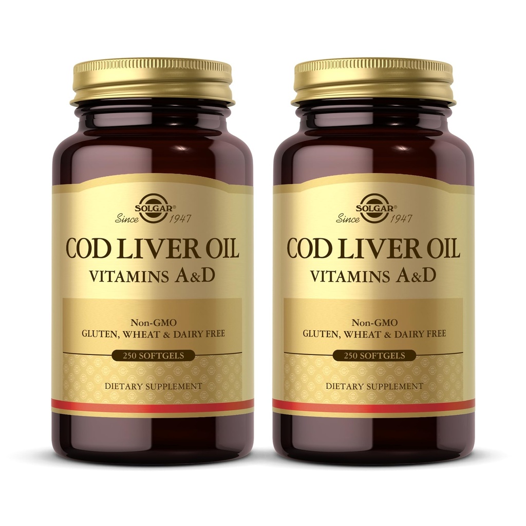 Solgar Cod Liver Oil - 250 Softgels, 2 Paket - A & D - Non-GMO, Gluten Free - 500 Toplam Hizmetler