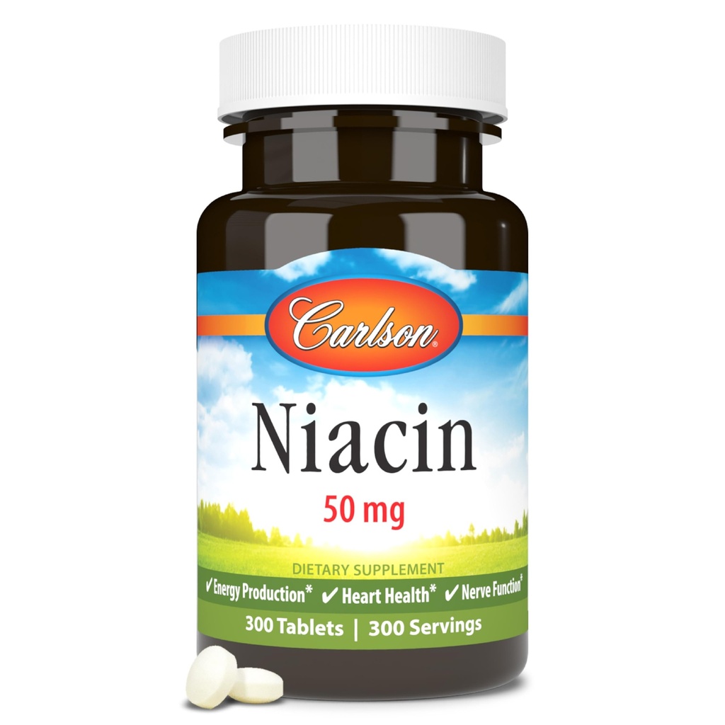 Carlson - Niacin, 50 mg, Cholesterol Metabolism, Enerji Üretimi, Kalp Sağlığı, Nerve Fonksiyonl, 300 Tablet