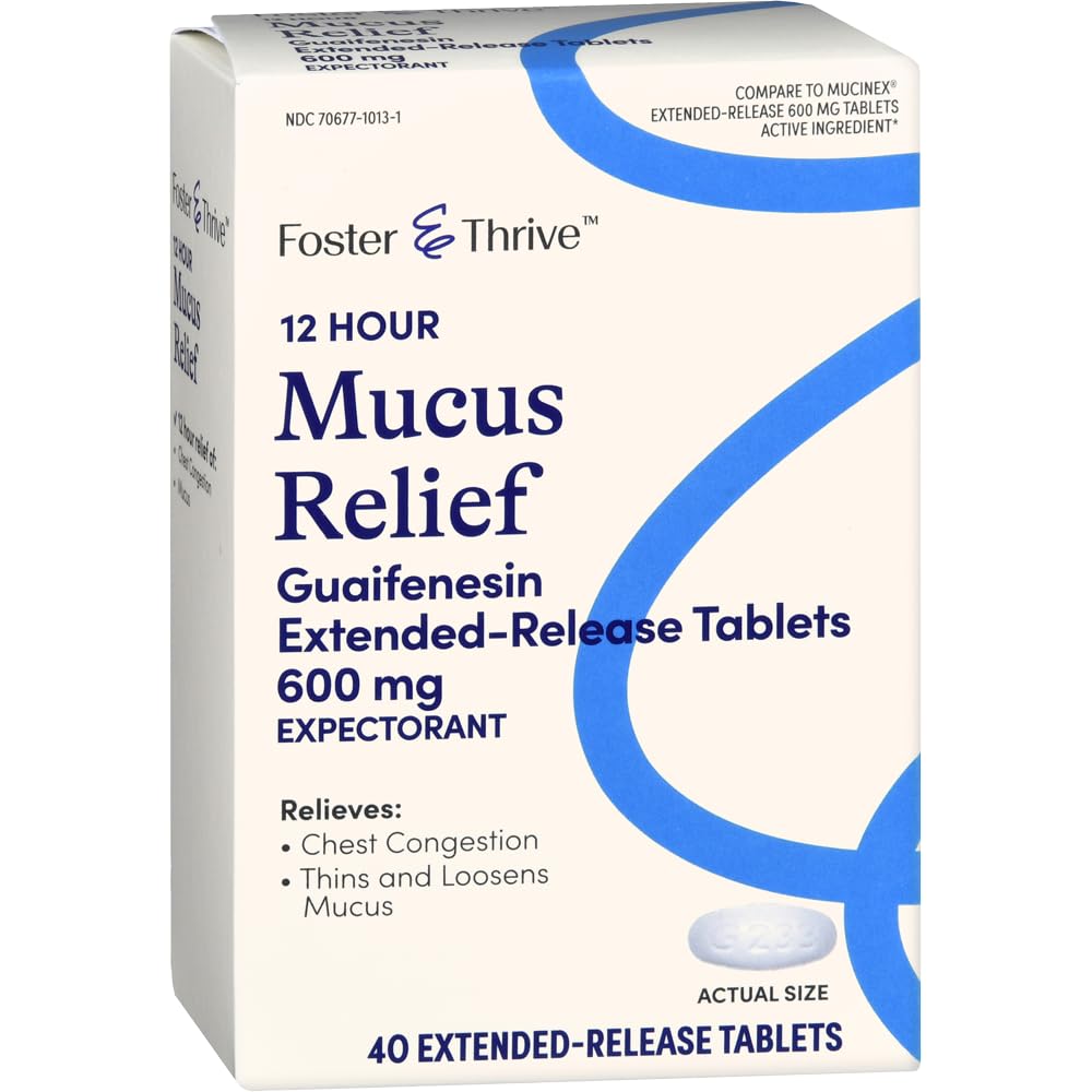Foster & Thrive Chest Congestion Mucus Extended release, 600 mg Guaifenesin Relieves Chest Congestion Caused by Excess Mucus, (Compare to Mucinex 12 Hour Extended release), 40 Tabletler