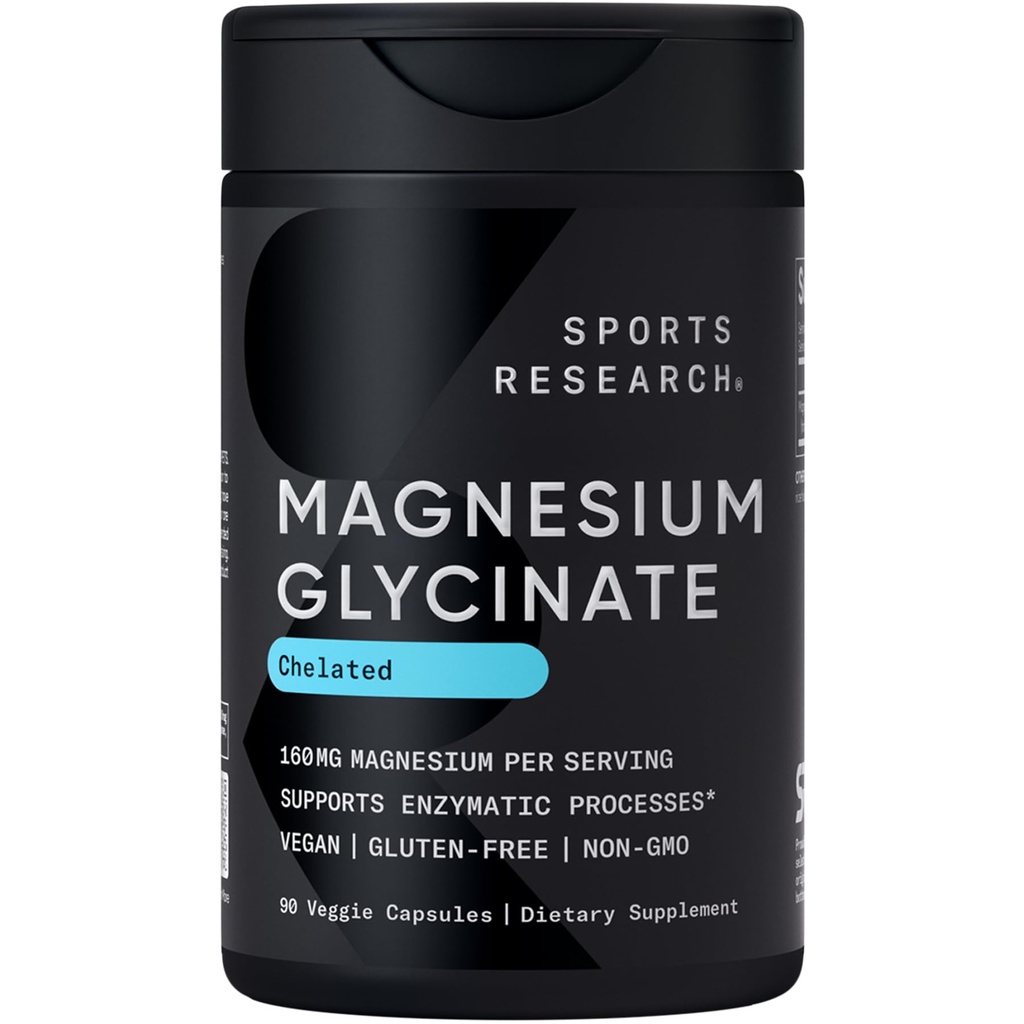 Sports Research® Magnezyum Glycinate - Destekler Restful Sleep & Enzymatic Processes - 160 mg Chelated - Vegan Capsule - 90 Count Count Count