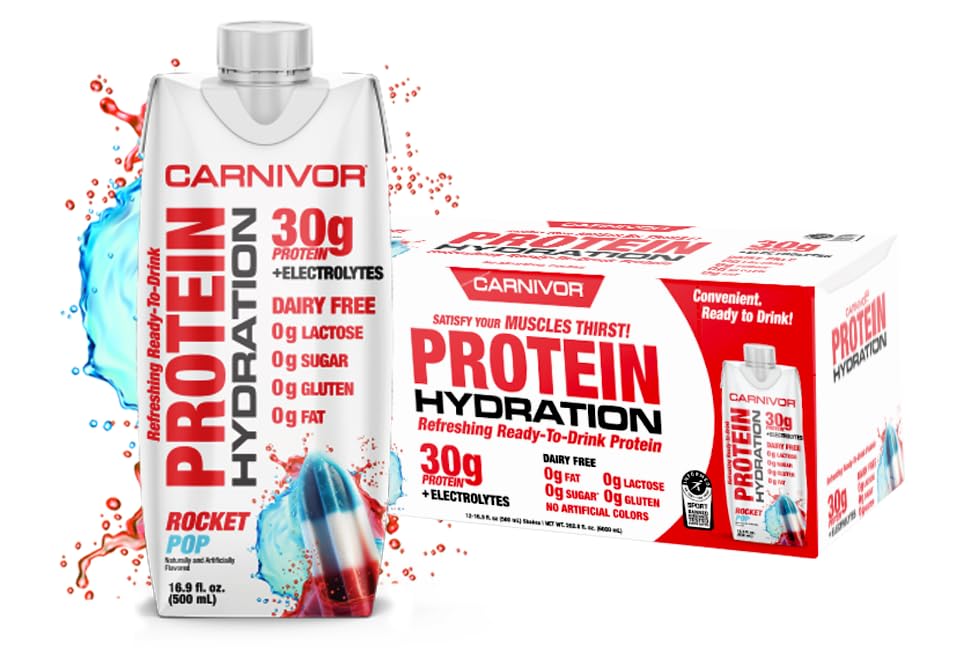 KasMeds Carnivor Protein Hydration RTD, içmeye hazır, Lactose Free, Sugar Free, 30g Isolate Protein, Halal sertifikalı, Rocket Pop, 16.9 Fl Oz ( 12 paketi)
