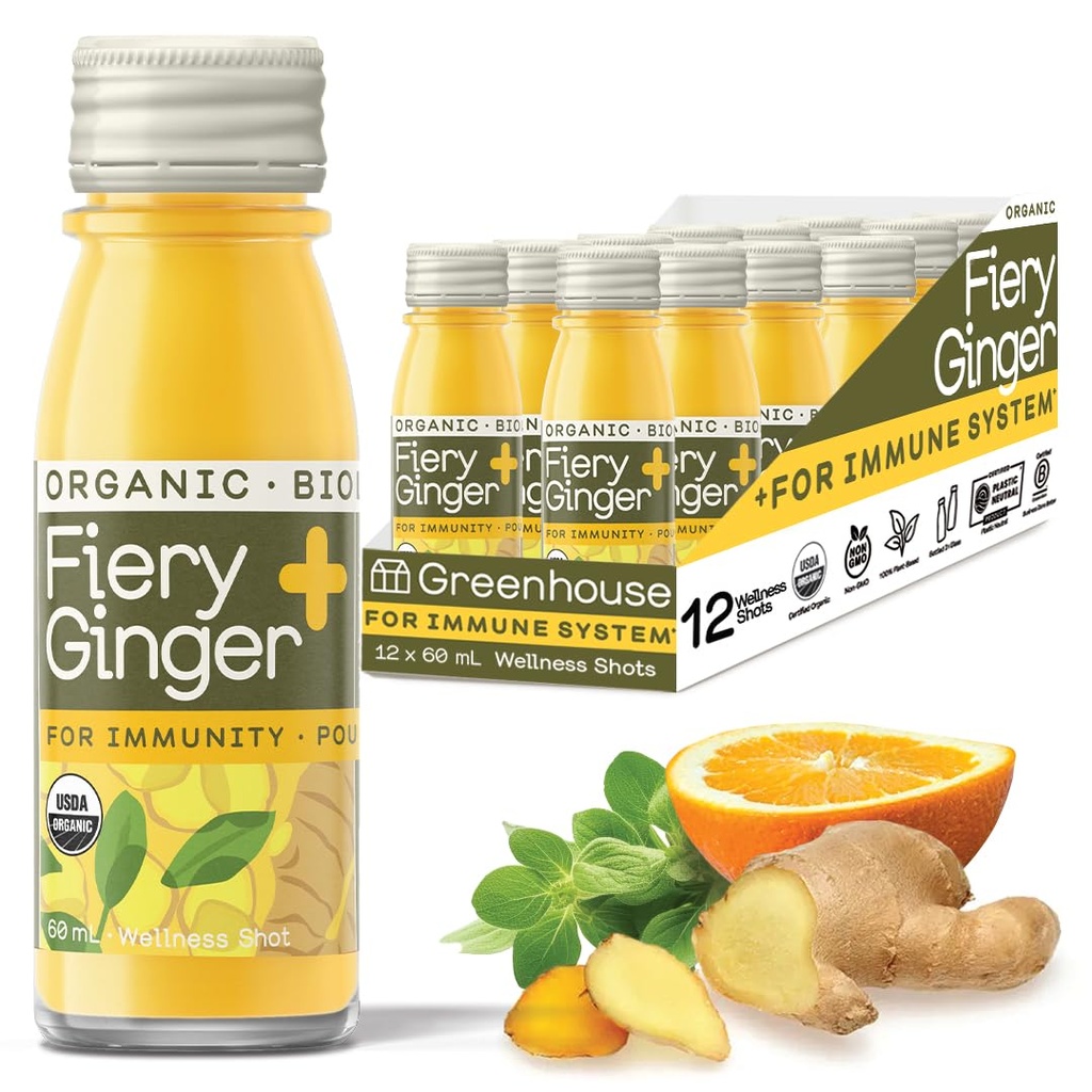 Greenhouse Juice Organic Fiery Ginger & Turmeric Wellness Shot, Anti-Inflammatory, Immune Support, Vegan & Gluten-Free, 12-Count 60ml Glass Bottles