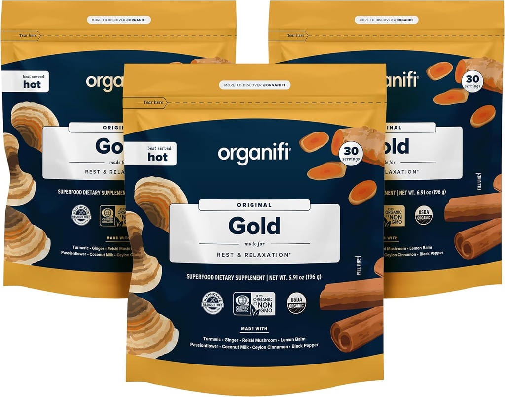 Organifi: Altın - Superfood Supplement Toz- 90 Hizmetler (3 Paket) - Stres Desteği, Daha İyi Geri, Rahatlama ve Yeniden Üretilen Uyku - Turmeric ve Reishi Infüzyon