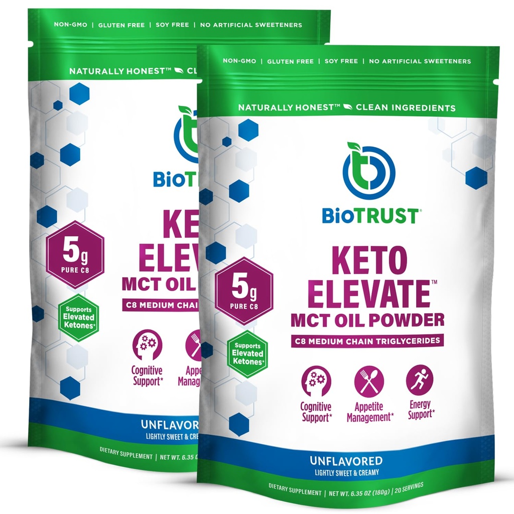 BioTrust Keto Elevate – C8 MCT Oil Toz – Ketgen MCT Kahve Kremer, Keto Kahve Kremer – Temiz Enerji, Ruh Focus & Clarity – %100 Caprylic Acid MCT Toz, Non-GMO (Unflavored, 40 Hizmet)