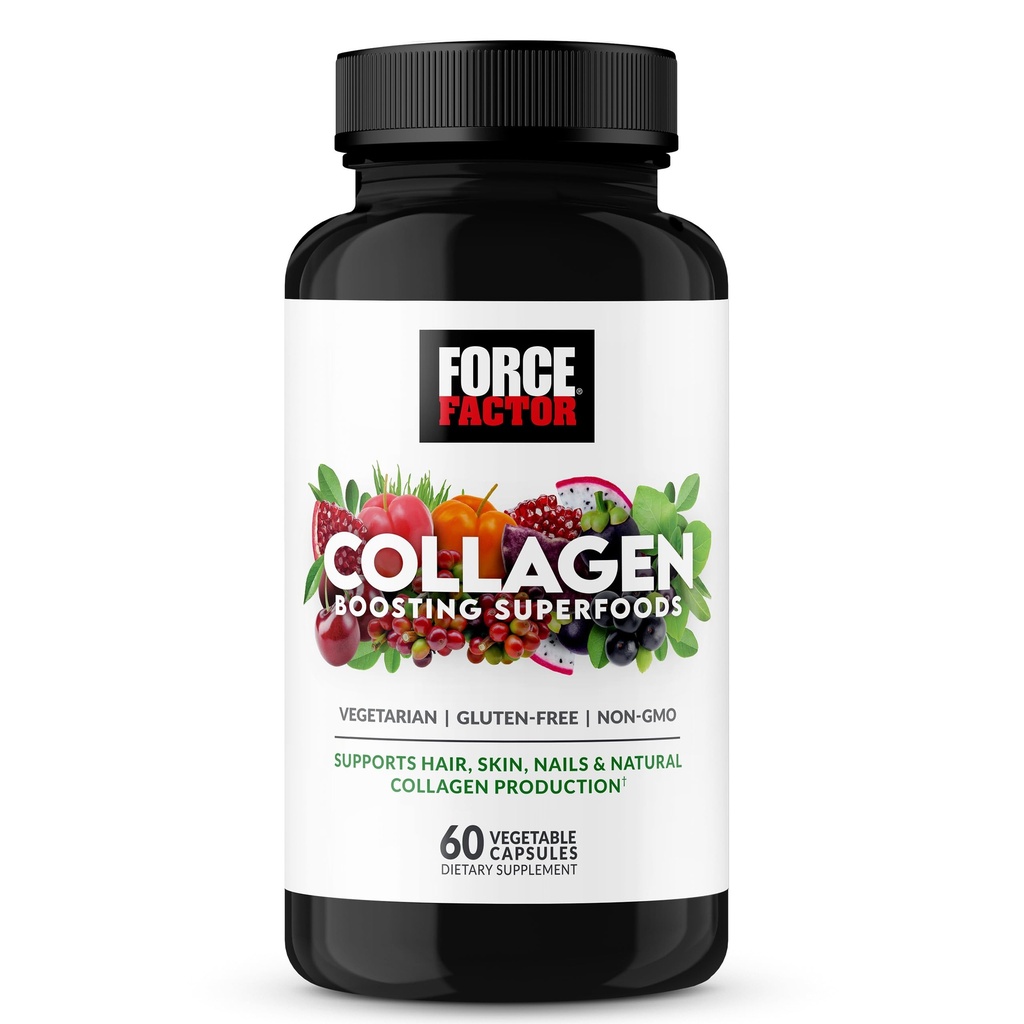 Force Factor Collagen Boosting Superfoods, Vegan Collagen Booster with Hyaluronic Acid, Biotin, Bamboo, Amino Acids & Vitamins for Hair, Skin, and Nails, Strengthener and Skin Supplement, 60 Capsules