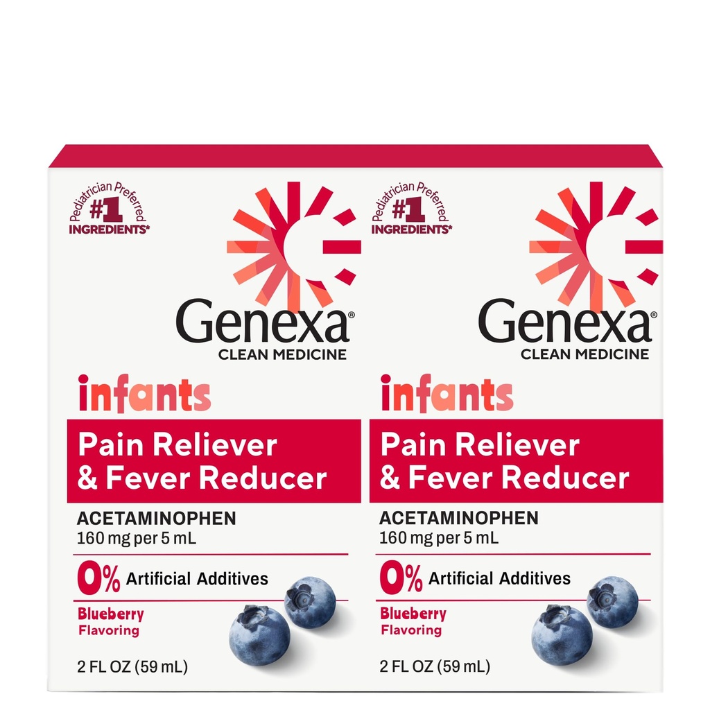 Genexa Infants' Clean Acetaminophen | Pedia Tercih Edilen Malzemeler | Bebekler için Ağrı Reliever & Ateşi | Dye Free, 0% Yapay Katkılar | Organik Blueberry Flavor, 4 fl oz (2 Pack)