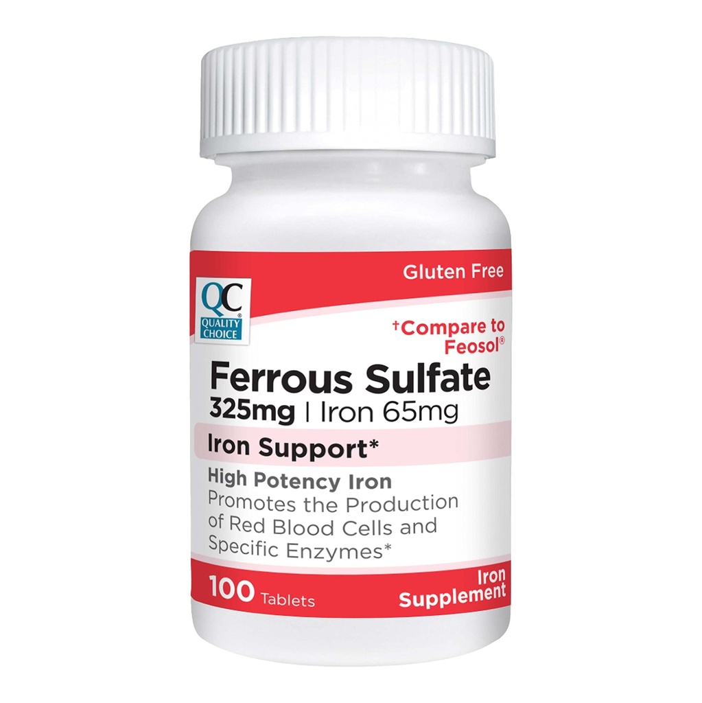 Quality Choice Iron 65 mg (325 mg Ferrous Sulfate) Yüksek Potency Iron Support Supplement Tabletleri 100 Kont Şişes