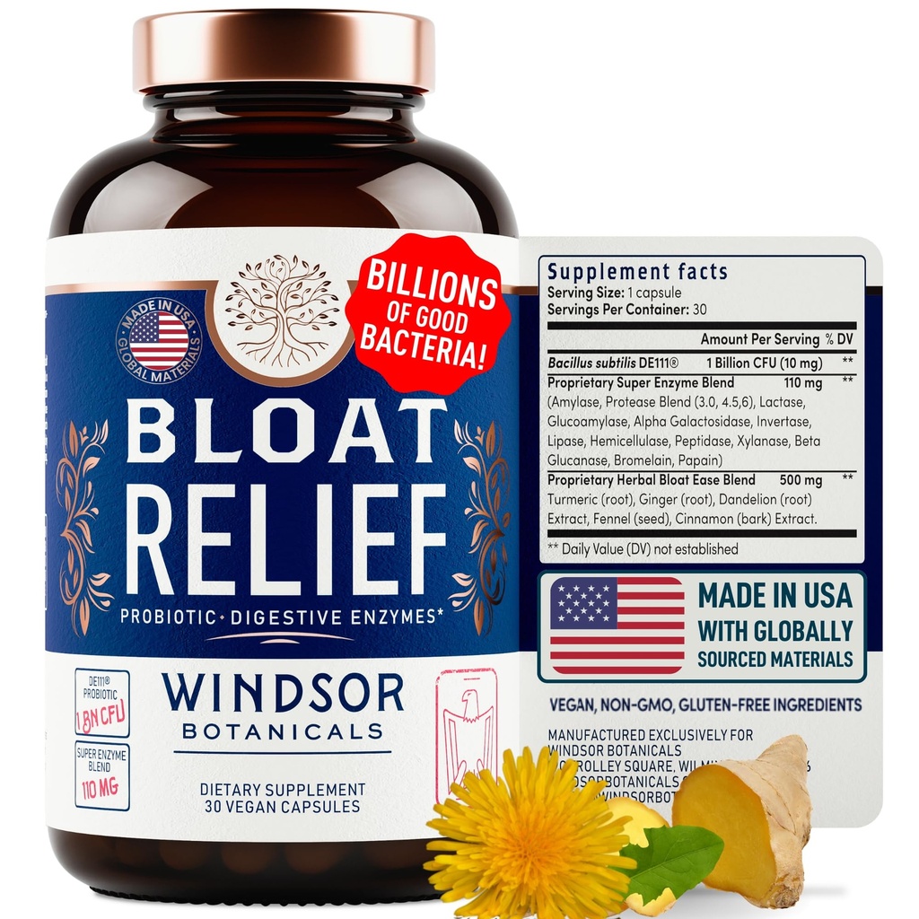 Bloat Relief Probiotic and Digestive Enzymes - Anti Bloating Turmeric, Fennel, Bromelain IBS Supplement - Detox Debloat Capsules Gas - Bloating Relief for Women and Men - 30 Gut Health Pills