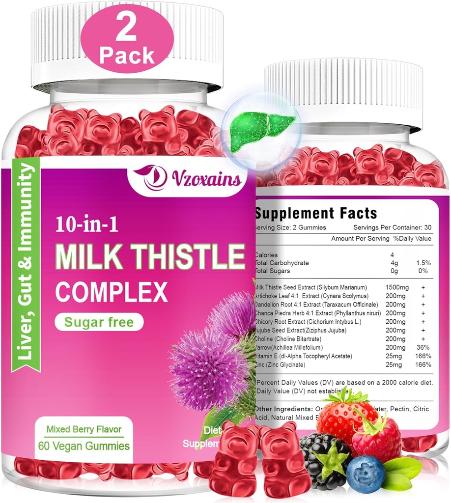 Milk Thistle Gummies, 10 in 1 Herbal Formula for Liver Cleanse Detox Repair with Dandelion Root, Turmeric, Artichoke Optimal Liver Function and Digestive Health Karma Berry Flavor