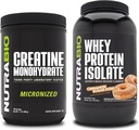 NutraBio Kretine Monohidrat, Unflavored, 500g ve Whey Protein Isolate, Cinnamon Sugar Donut, Supplement Sche - Muscle Energy, Lean Muscle growth, Recovery, and Strength