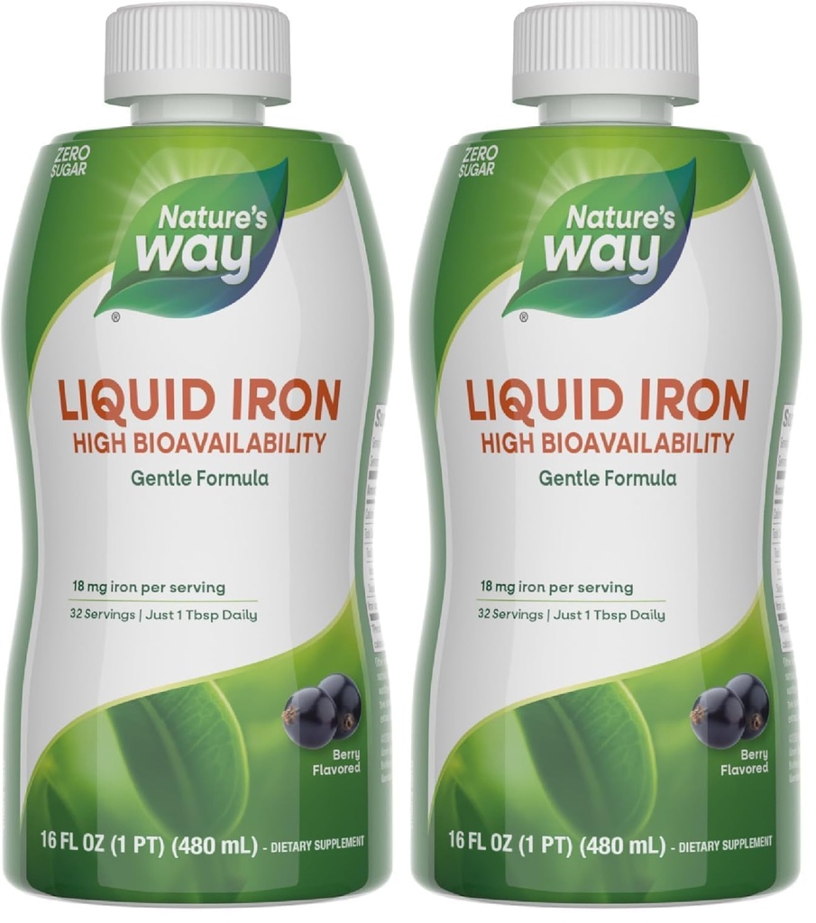 Nature’s Way Liquid Iron Supplement, 18 mg per Serving, Gentle Glycinate,Fast-Absorbing Liquid,Iron for Red Blood Cell Support and Energy Metabolism,No Sugar Added,Berry Flavored, 16 Fl Oz (Pack of 2)