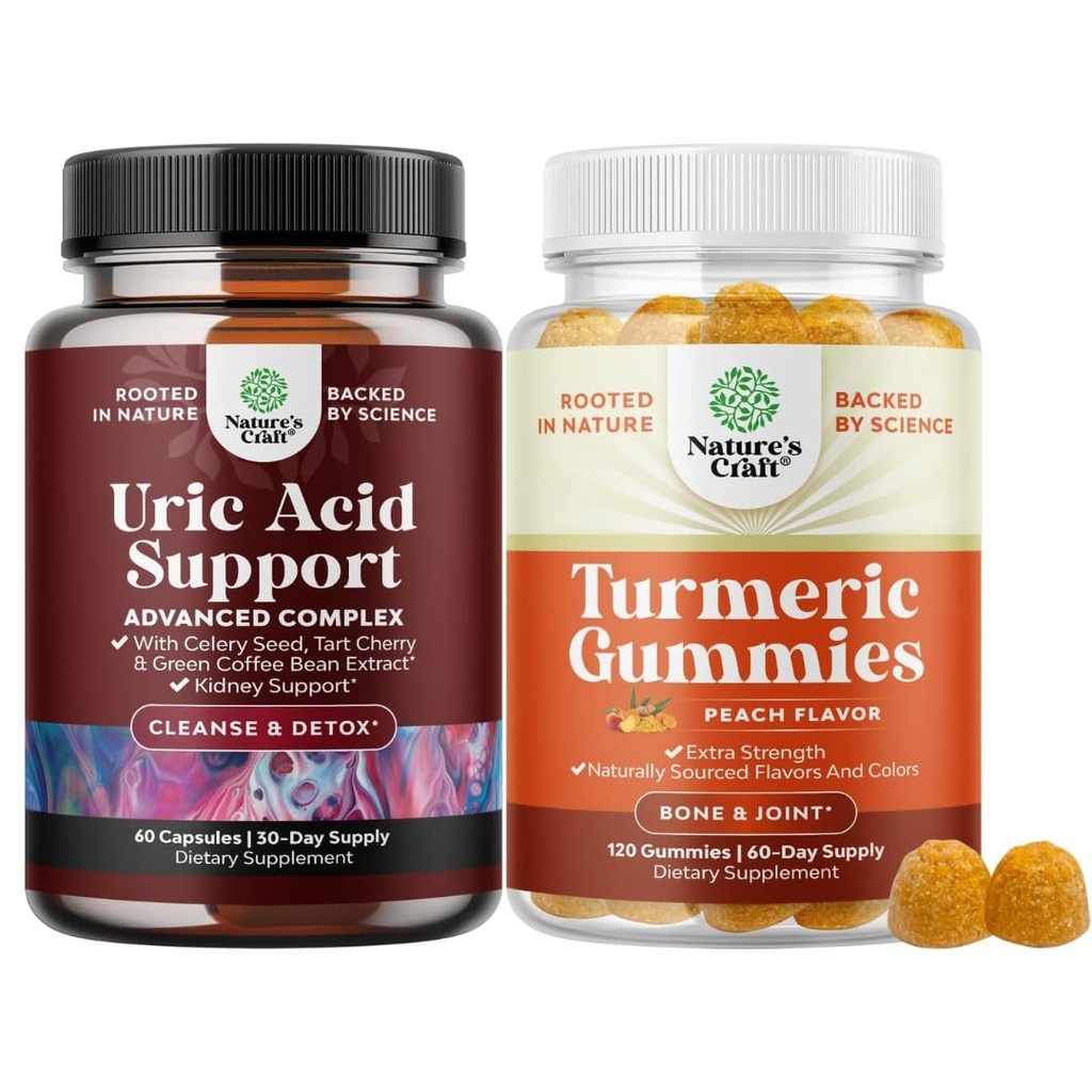 Natures Craft Sche of Vegan Uric Acid Cleanse and Detox for Men and Women's Joints Kidneys and More and Turmeric Gummies for Yetişkinler Peach Flavor - Ekstra Güçlü Ortak Destek Gummies