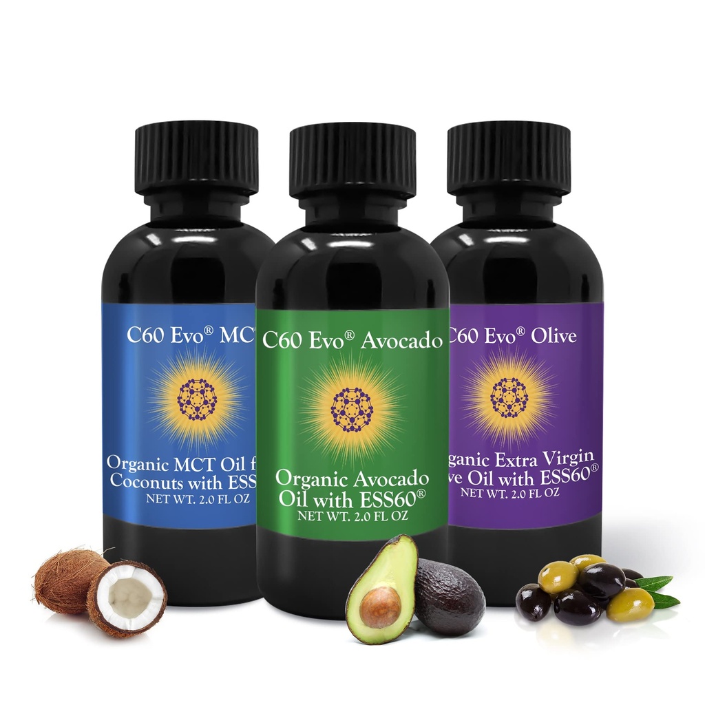 C60 Evo All-Doğal Edible Oils, Mini Oil Örnekr Pure C60 ESS60 ile Set, Immune Support and Common Support Supplement with Olive Oil, Aoka Oil & MCT Coconut Oil, Set of 3, 2 oz