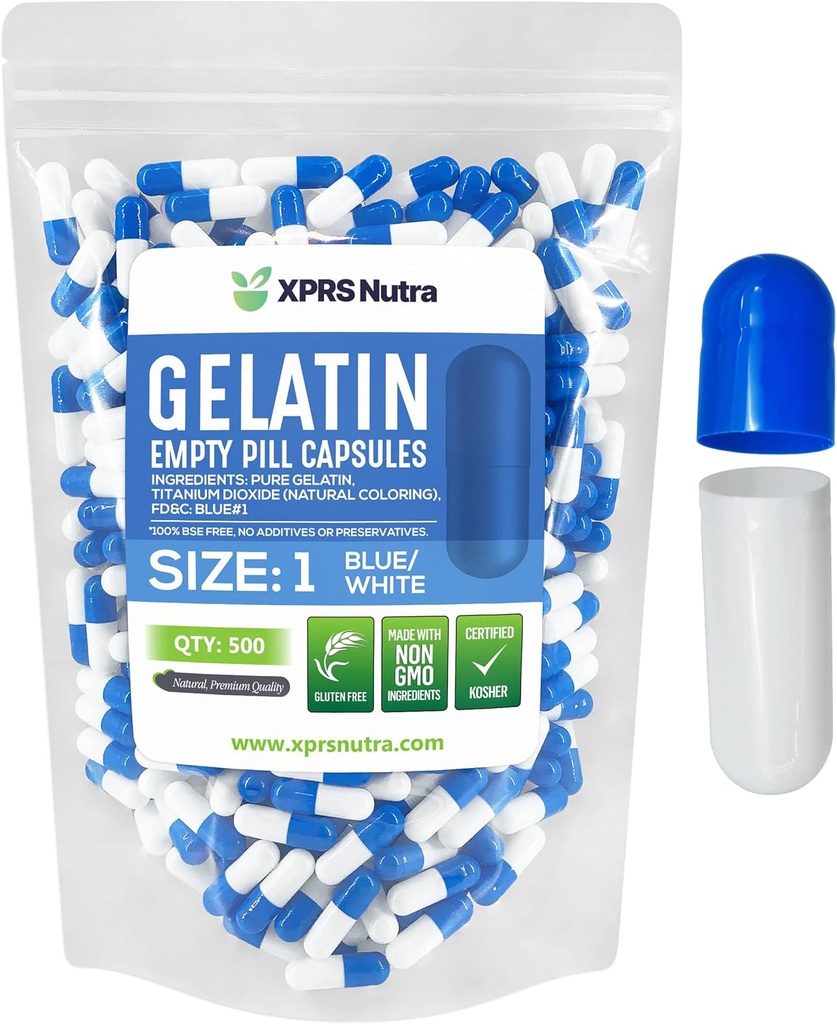 XPRS Nutra Boyutu 1 Boş Kapsüller - 500 Kont Boş Gelatin Capsules - Pill DIY Capsule - Pure Bovine Pill Gel Caps For Do-It- Yourself Supplements (Mavi/Beyaz)