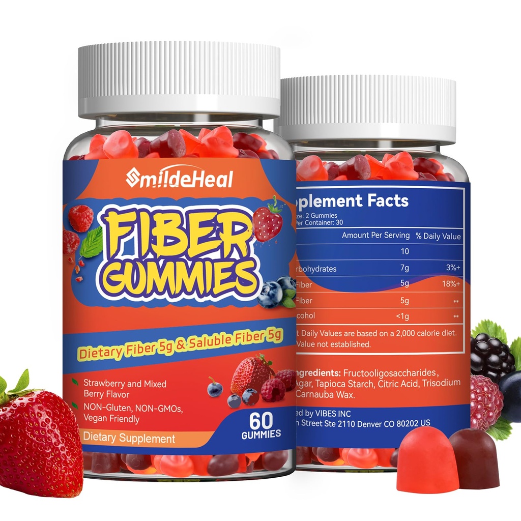 Fiber Gummies, Diyetsel Fiber, Kadınlar ve Erkekler için, Gut Health Support, Non-GMOs, Non-Gluten, Vegan, Karma Berry ve Strawberry Flavor, 120 Kont Gummies